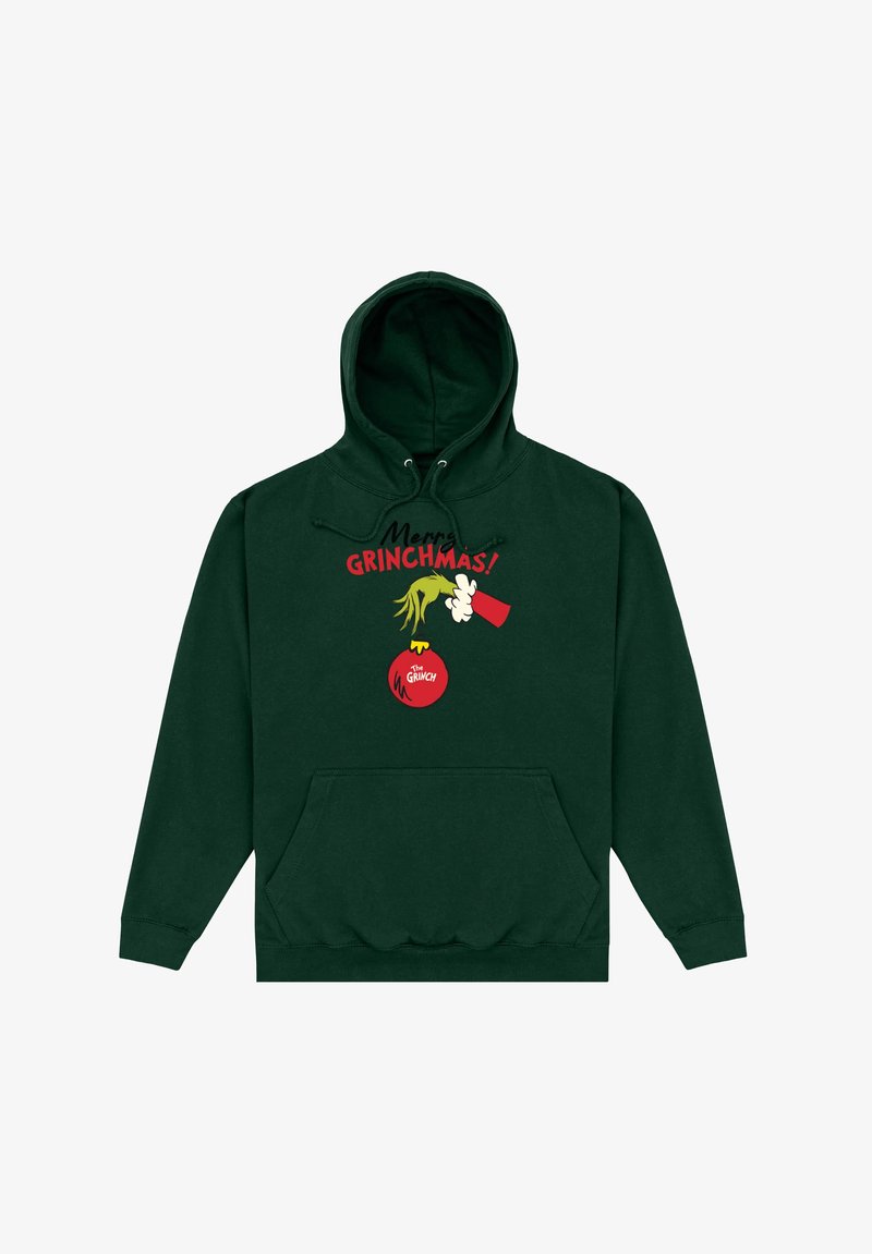 Felpa verde con tasca frontale, caratterizzata da un design del Grinch in stile cartoon, testo rosso che recita "Buon GRINCHMAS!" e un grafico di decorazione rossa.