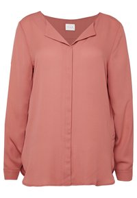 Blouse manches longues rose poussière avec boutons cachés sur le devant et large col, présentant une coupe décontractée et un tissu doux.