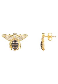 Pendientes en forma de abeja dorada que presentan cristales transparentes y negros, alas texturizadas y un cuerpo redondo. Incluyen un cierre de tipo post-back.