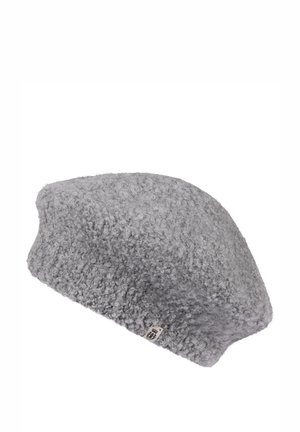 Gray textured wool beret with a small fabric tag featuring a black logo on the side, isolated on a white background.
