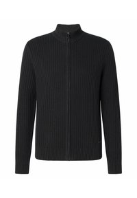 Schwarzer Reißverschluss-Cardigan mit gerippter Textur, hohem Kragen und langen Ärmeln. Auffallend durch sein schlichtes Design und enge Bündchen.