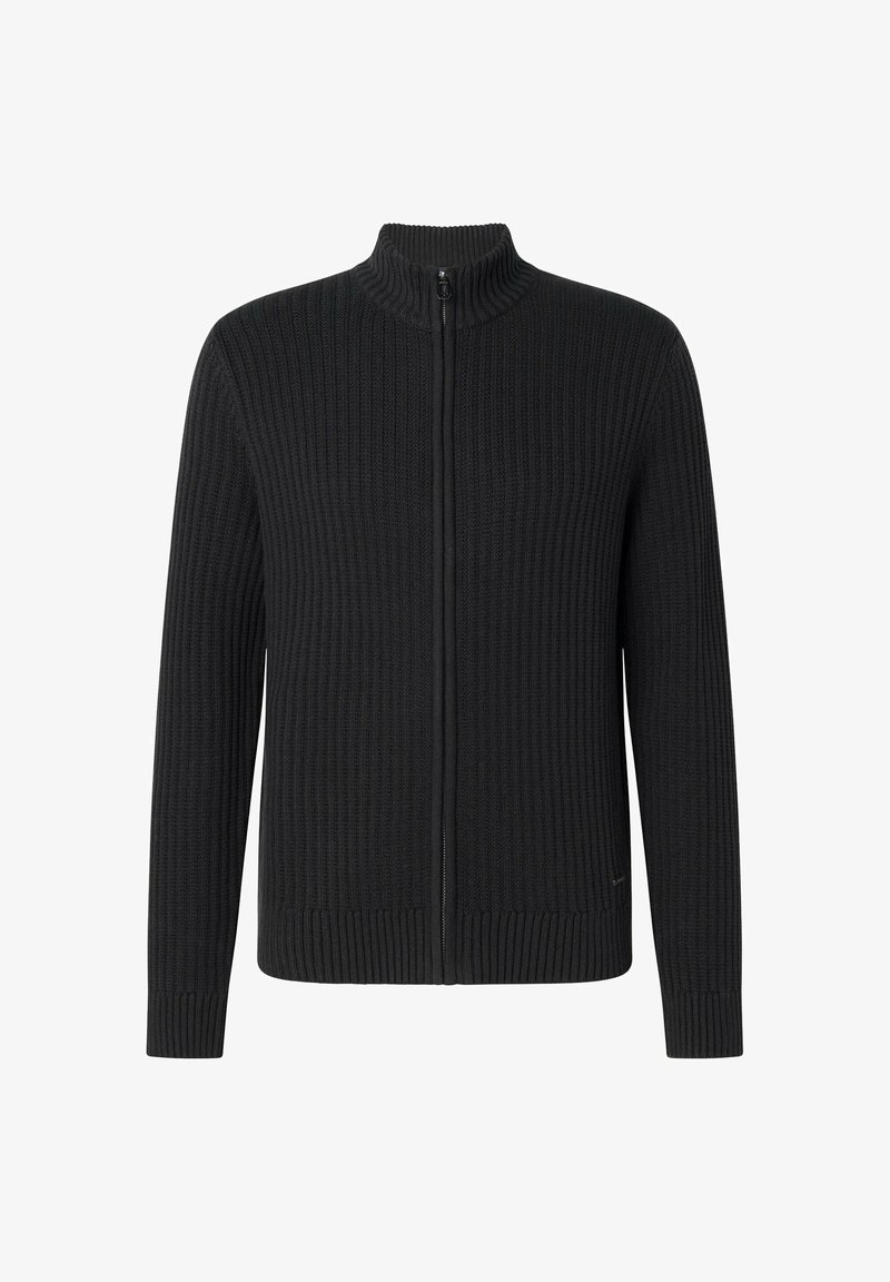 Schwarzer Reißverschluss-Cardigan mit gerippter Textur, hohem Kragen und langen Ärmeln. Auffallend durch sein schlichtes Design und enge Bündchen.