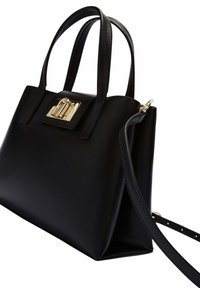 Sac à main en cuir noir avec un design structuré, fermeture en métal doré, poignées courtes et bandoulière amovible. Surface texturée.