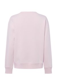 Felpa rosa chiaro con girocollo, polsini e orlo a coste, con una texture morbida e vestibilità comoda. Nessuna grafica presente.