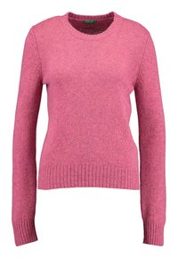 Maglione rosa a maniche lunghe in maglia, con polsini e orlo a coste, caratterizzato da scollo rotondo e tessuto morbido e strutturato.