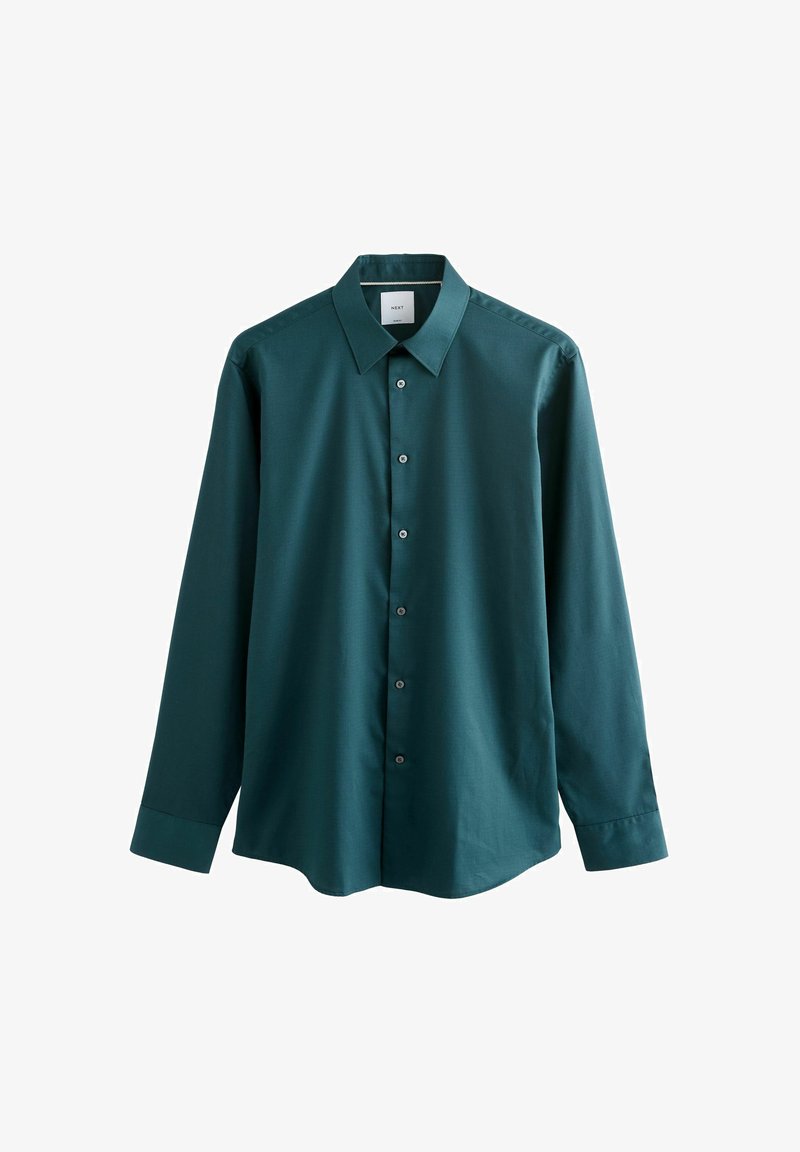 Langarmshirt in donkergroenblauw, gemaakt van een gladde stof. Voorzien van een standaard kraag, knopen aan de voorkant en een rechte snit met knoopmanchetten.