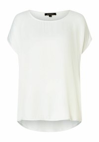 Weißes T-Shirt mit kurzen Ärmeln, rundem Halsausschnitt und entspannter Passform. Glatte Textur mit einem leicht abgerundeten Saum am unteren Rand.