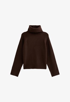 Brązowy sweter z golfem wykonany z miękkiej dzianiny, z prążkowanymi mankietami i dołem, o luźnym kroju i wyraźnych szwach na ramionach.