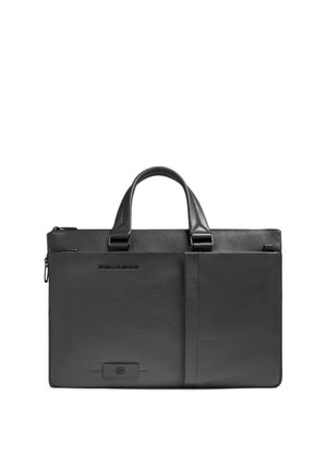 Schwarze Lederaktentasche mit zwei Griffen, vorderen Außentaschen und Reißverschluss, für den professionellen Gebrauch entworfen.