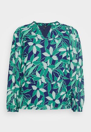 Long-sleeve navy blouse with green and white floral print and gathered cuffs, featuring a slight V-neck collar.