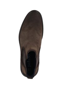 Bottines en daim marron avec des panneaux latéraux élastiques et une pointe lisse. Comprend une semelle intérieure rembourrée et une semelle en caoutchouc texturé.