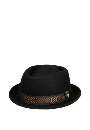 Black felt fedora hat with wide brim and decorative brown zigzag patterned band around the base.