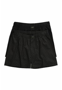 Pantaloni boxer neri, uno in tinta unita e l'altro con un motivo geometrico. Entrambi presentano un elastico in vita e una patta con bottone. Tessuto morbido, vestibilità comoda.