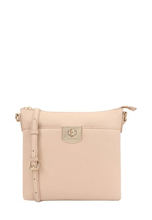 Beige Leder Umhängetasche mit verstellbarem Tragegurt und goldfarbenem Drehverschluss auf der Vorderseite.