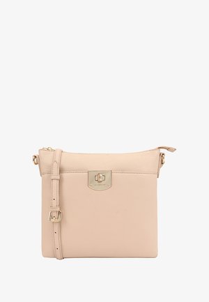 Beige Leder Umhängetasche mit verstellbarem Tragegurt und goldfarbenem Drehverschluss auf der Vorderseite.