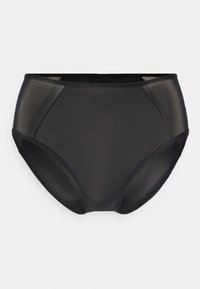 High-waisted black underwear made of smooth, stretchy fabric. Features sheer accents on the sides and a solid waistband.