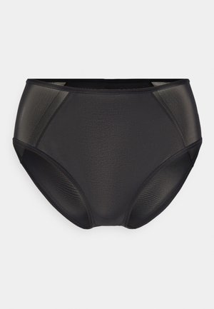Høyt liv svart undertøy laget av glatt, elastisk stoff. Har gjennomsiktige akenter på sidene og en solid midjebånd.