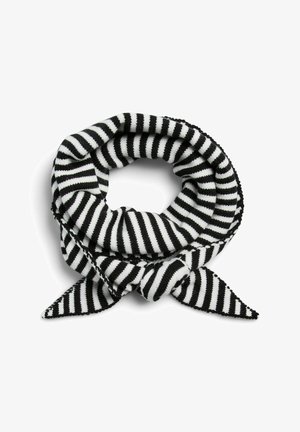 Czarno-biały szalik dzianinowy w paski, o okrągłym kształcie z wiązanymi końcami. Miękka tekstura i frędzle wzdłuż krawędzi.