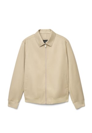 Giacca beige con zip, collo, maniche lunghe, due tasche laterali e polsini e orlo a coste, mostrata su sfondo bianco.