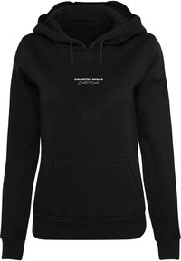 Black hoodie with a front pocket, drawstrings, and a white printed logo reading "UNLIMITED SKILLS" with "Creative Minds" beneath. Soft fabric texture.