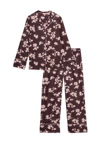 Blumengemustertes Schlafanzug-Set in Dunkelpurpur mit hellrosa Blüten. Enthält ein langärmliges Oberteil mit Kragen und passender Hose mit elastischem Bund.