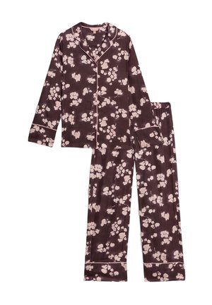 Piżama w kwiatowy wzór w ciemnofioletowym kolorze z jasnoróżowymi kwiatami. Zawiera kołnierzyk, długie rękawy oraz pasujące spodnie z elastycznym talią.
