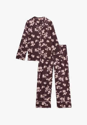 Pyjamasæt med blomsterprint i mørk lilla med lyserøde blomster. Består af en bluse med krave og lange ærmer samt matchende bukser med elastisk talje.