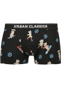 Svart boksershorts med gjentakende mønstre av bjørneillustrasjoner som driver med vintersport, med en hvit "URBAN CLASSICS" midjebånd.