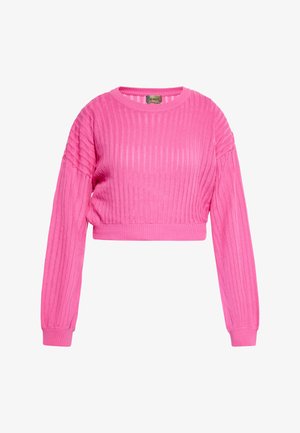 Kort sweater in felroze met ribbelstructuur, lange mouwen en een ronde hals. Bevat elastische manchetten en een label bij de hals.