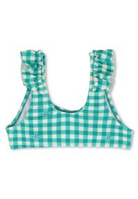 Μπικίνι τοπ σε τυρκουάζ και λευκό καρό σχέδιο με βολάν στους ιμάντες των ώμων. Μαλακό υλικό και σχέδιο με στρογγυλή λαιμόκοψη, διακοσμημένο με διακριτικά στροβιλιστά μοτίβα.