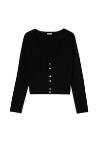 Schwarze, kurze Strickjacke mit tiefem V-Ausschnitt, langen Ärmeln und sechs goldenen Knopfverschlüssen auf der Vorderseite. Strukturiertes Strickgewebe.