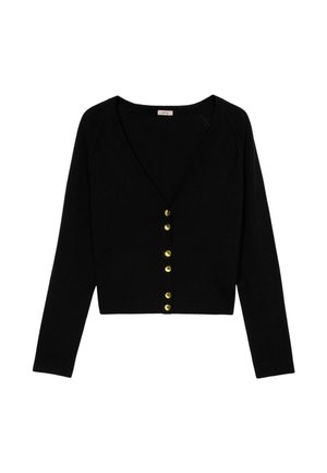 Zwarte cropped cardigan met een diepe V-hals, lange mouwen en zes gouden knopen aan de voorkant. Gelaagd gebreid materiaal.