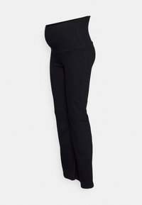 Leggings de maternidade pretos com uma cintura alta, feitos de tecido elástico. O design apresenta uma cor sólida e uma silhueta ajustada.
