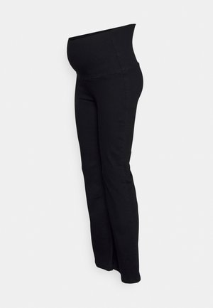Leggings de maternidade pretos com uma cintura alta, feitos de tecido elástico. O design apresenta uma cor sólida e uma silhueta ajustada.