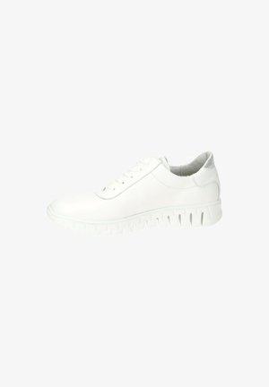 Weiße Leder-Sneaker mit runder Zehenpartie, Schnürsenkeln, gepolsterter Knöchelpartie und einer strukturierten weißen Gummisohle mit horizontalen Einschnitten für Flexibilität.