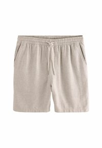 Shorts en lin gris clair avec une taille élastique, un cordon de serrage et des poches latérales. Présentent un tissu texturé et une coupe décontractée.