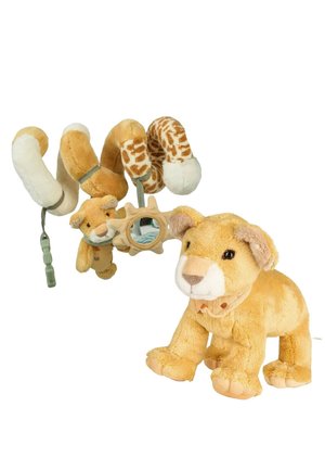 Plush lion cub toy with a soft spiral animal activity toy featuring a mirror and hanging plush lion and giraffe elements.