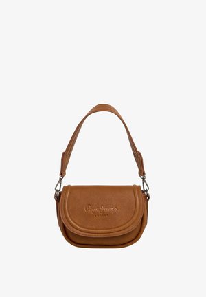 Ruskea nahkainen Pepe Jeans London -laukkua, jossa on kaareva läppä ja säädettävä olkahihna metallikoukuilla.