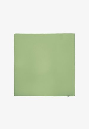 Prostokątny miękki koc w jasnym zielonym kolorze, o gładkiej fakturze, z podszytymi brzegami oraz małą metką logo w jednym rogu.