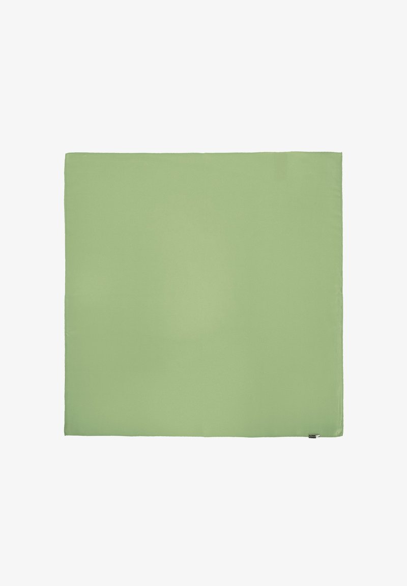 Prostokątny miękki koc w jasnym zielonym kolorze, o gładkiej fakturze, z podszytymi brzegami oraz małą metką logo w jednym rogu.