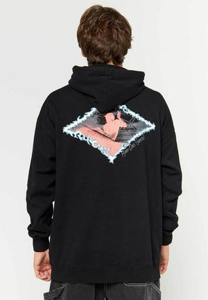 Black hoodie with a spacious hood. Features a diamond-shaped graphic on the back with a pink silhouette and blue wave accents.