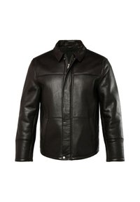 Schwarze Lederjacke mit Kragen, glatter Textur, Nähdetails und zwei seitlichen Taschen. Reißverschluss und gefüttertes Innenfutter.