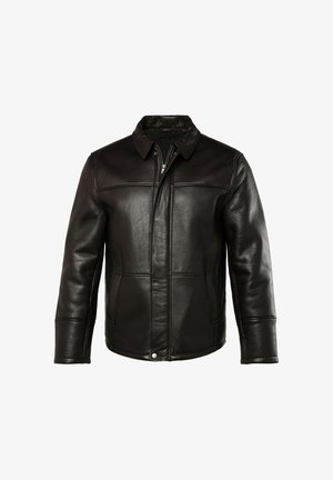 Zwarte leren jas met een kraag, gladde textuur, stikseldetails en twee zijzakken. Rits sluiting met een gevoerde binnenkant.