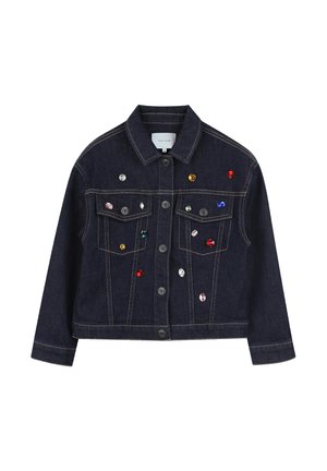 Donkerblauw spijkerjack met knoopsluiting, twee borstzakken en verspreide meerkleurige sierstenen aan de voorkant.
