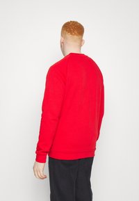 Röd sweatshirt med långa ärmar och rundad halsringning, gjord av mjukt tyg. Har ribbade muddarna och nederkant, bakvy visas. Svarta byxor bärs.