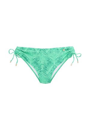 Mint green bikini bottom with subtle chevron pattern, adjustable side ties, and metallic accents. Smooth fabric with a soft texture.