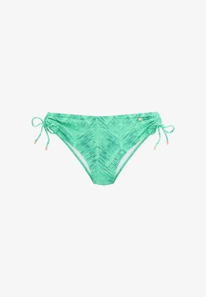 Mintgrüner Bikiniunterteil mit subtilen Zickzackmuster, verstellbaren Seitenschnüren und metallischen Akzenten. Glattes Material mit einer weichen Textur.