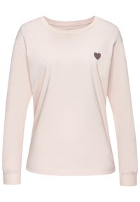 Light pink long-sleeve shirt made of soft fabric, featuring a small dark heart design on the left chest, round neckline, and cuffed sleeves.