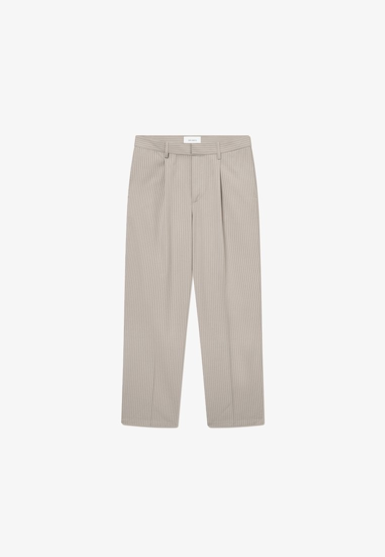 Light beige, vertically striped trousers with pleats at the waist, straight leg design, and a label visible on the waistband.