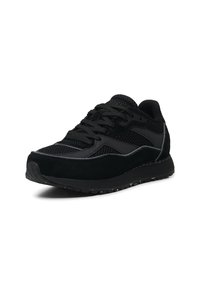 Scarpa sportiva nera in una combinazione di materiali in rete e suede, con suola ammortizzata, tomaia testurizzata e lacci neri.